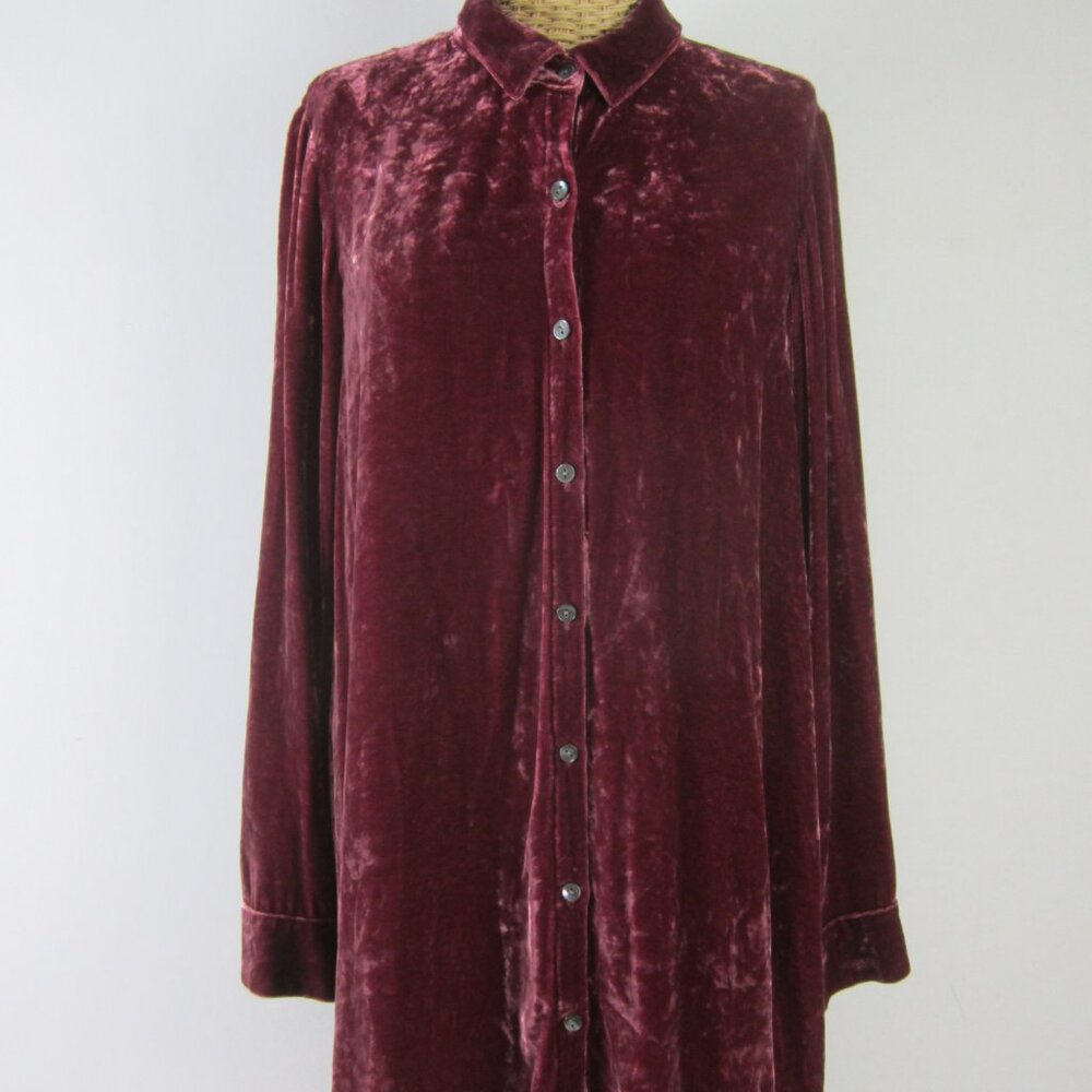 J Jill Womens Medium Fuchsia Red LS Velvet Long Tunic Shirt Silk Blend Drapey